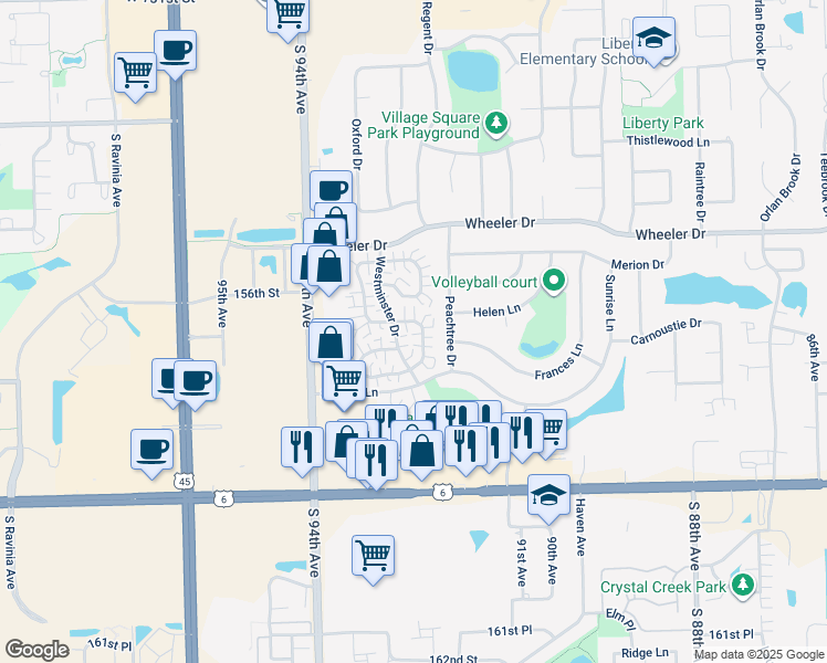 map of restaurants, bars, coffee shops, grocery stores, and more near 9206 Erin Lane in Orland Park