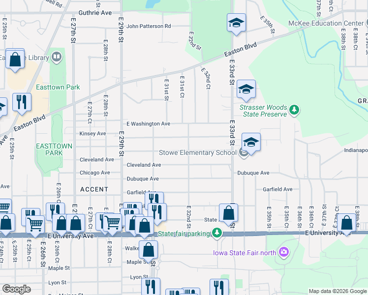 map of restaurants, bars, coffee shops, grocery stores, and more near 1431 East 32nd Street in Des Moines