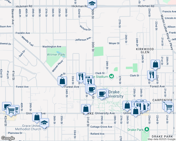 map of restaurants, bars, coffee shops, grocery stores, and more near 1444 31st Street in Des Moines