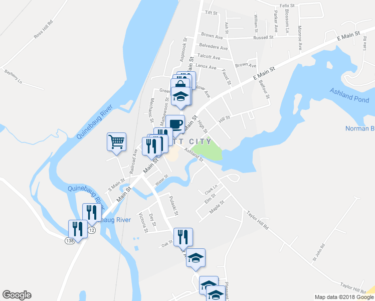 map of restaurants, bars, coffee shops, grocery stores, and more near Ashland Street & Hill Street in Griswold