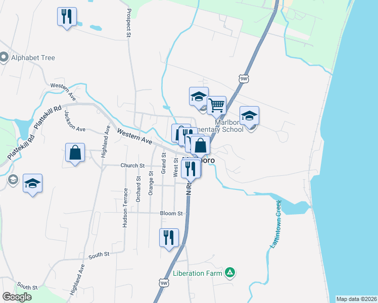map of restaurants, bars, coffee shops, grocery stores, and more near 1 King Street in Marlboro