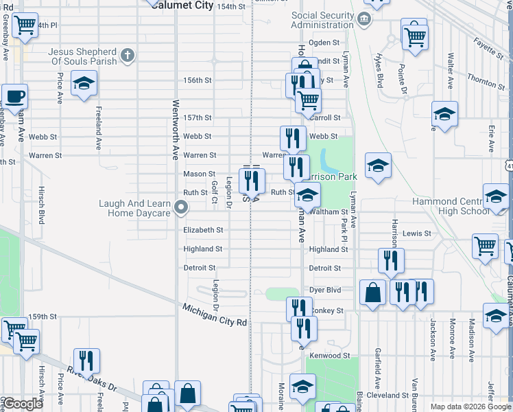 map of restaurants, bars, coffee shops, grocery stores, and more near 5 East Elizabeth Street in Hammond