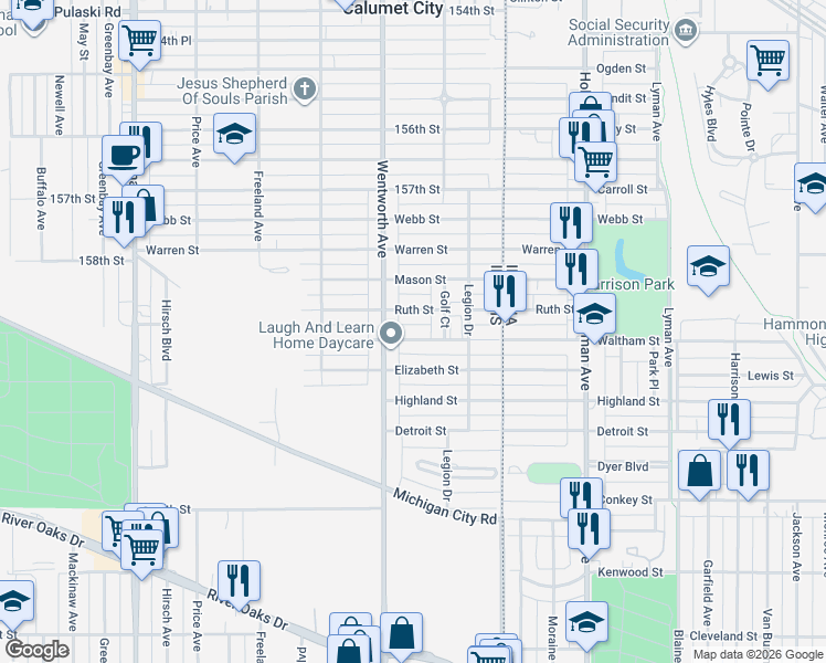 map of restaurants, bars, coffee shops, grocery stores, and more near 113 Waltham Street in Calumet City