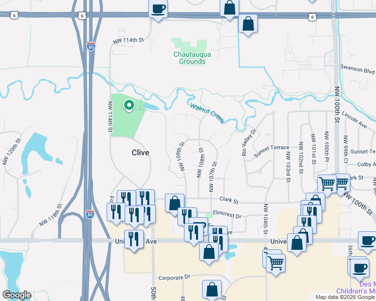 map of restaurants, bars, coffee shops, grocery stores, and more near 10833 Cedarwood Drive in Clive