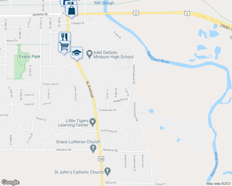 map of restaurants, bars, coffee shops, grocery stores, and more near South 6th Street in Adel