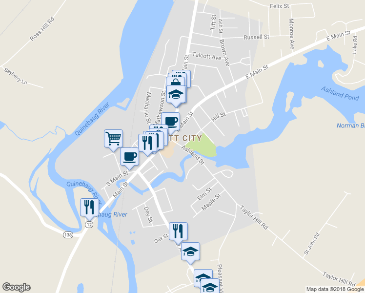 map of restaurants, bars, coffee shops, grocery stores, and more near 28 Ashland Street in Griswold
