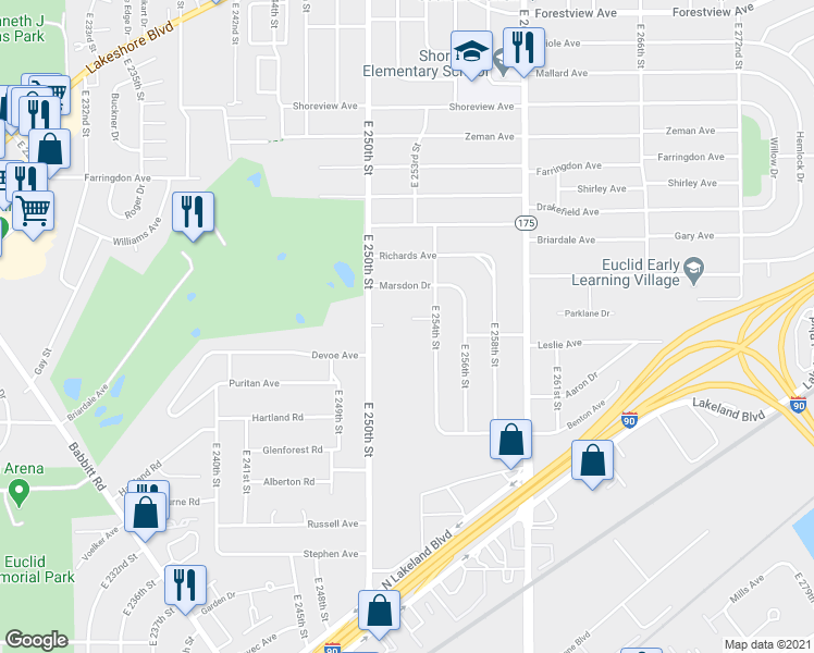 map of restaurants, bars, coffee shops, grocery stores, and more near 25274 Rena Court in Euclid