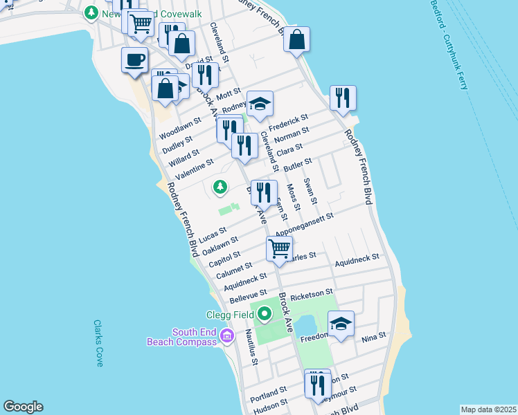 map of restaurants, bars, coffee shops, grocery stores, and more near Brock Avenue in New Bedford