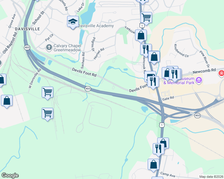 map of restaurants, bars, coffee shops, grocery stores, and more near 21 Sutton Lane in North Kingstown