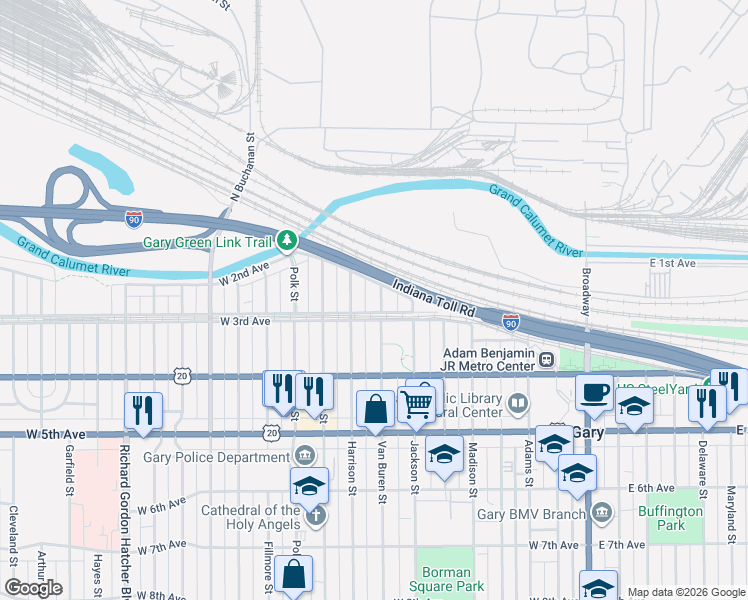 map of restaurants, bars, coffee shops, grocery stores, and more near 700-750 West 2nd Avenue in Gary