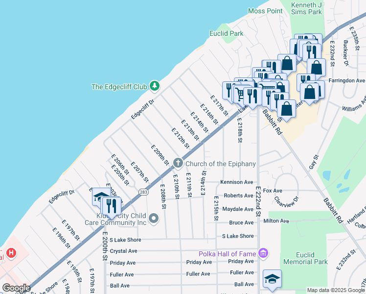 map of restaurants, bars, coffee shops, grocery stores, and more near 174 East 212th Street in Euclid