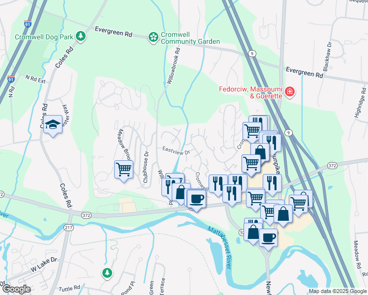 map of restaurants, bars, coffee shops, grocery stores, and more near 23 Willow Court in Cromwell