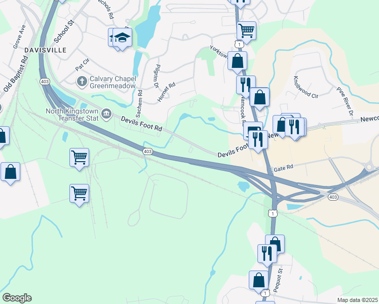 map of restaurants, bars, coffee shops, grocery stores, and more near 20 Sutton Lane in North Kingstown