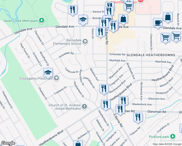 map of restaurants, bars, coffee shops, grocery stores, and more near 3565 Havenhurst Avenue in Toledo