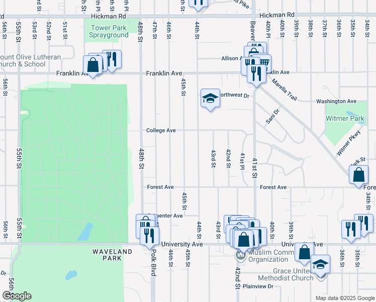 map of restaurants, bars, coffee shops, grocery stores, and more near 1534 44th Street in Des Moines
