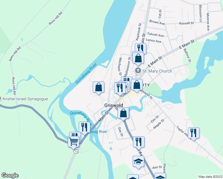 map of restaurants, bars, coffee shops, grocery stores, and more near 6 Mathewson Street in Griswold