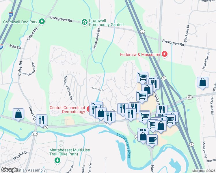 map of restaurants, bars, coffee shops, grocery stores, and more near 23 Willow Court in Cromwell