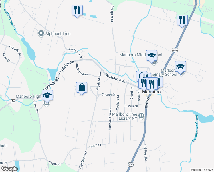 map of restaurants, bars, coffee shops, grocery stores, and more near 67 Western Avenue in Marlboro