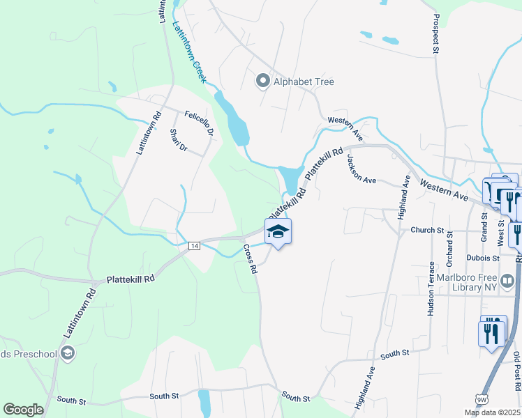 map of restaurants, bars, coffee shops, grocery stores, and more near 44 Plattekill Road in Marlboro