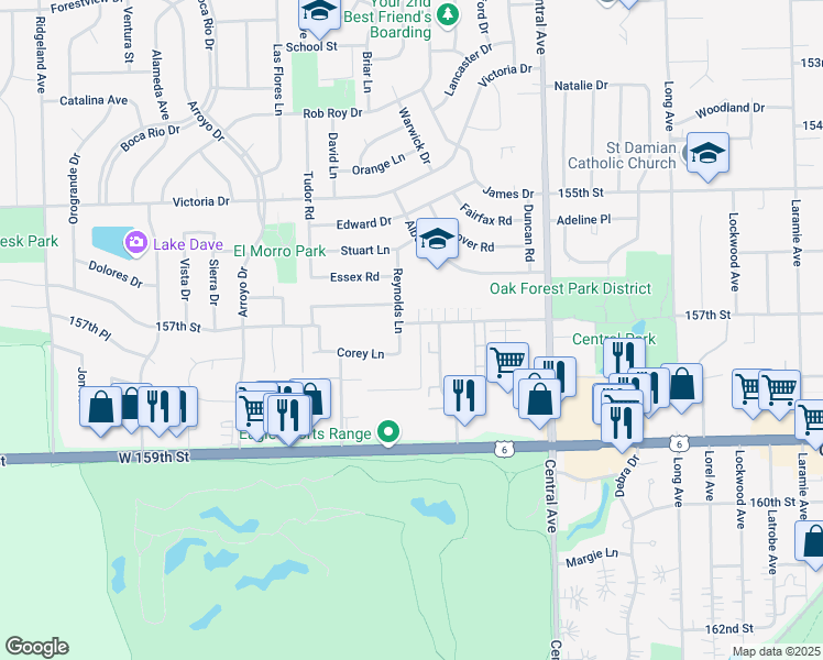 map of restaurants, bars, coffee shops, grocery stores, and more near 15637 Reynolds Lane in Oak Forest