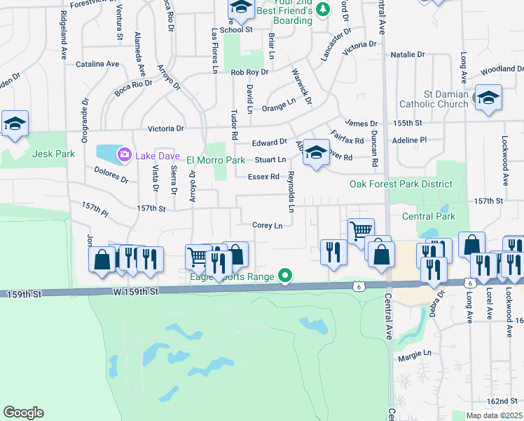 map of restaurants, bars, coffee shops, grocery stores, and more near 5853 Liberty Square in Oak Forest