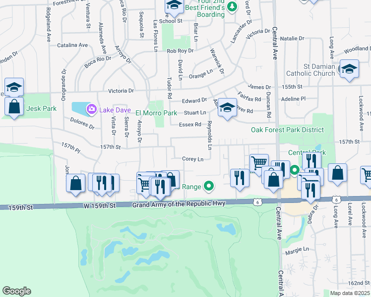 map of restaurants, bars, coffee shops, grocery stores, and more near 5853 Liberty Square in Oak Forest