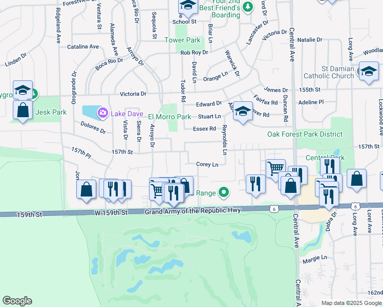 map of restaurants, bars, coffee shops, grocery stores, and more near 5937 Liberty Square in Oak Forest