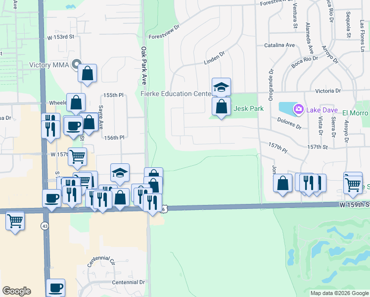 map of restaurants, bars, coffee shops, grocery stores, and more near 15700 Pine Road in Oak Forest