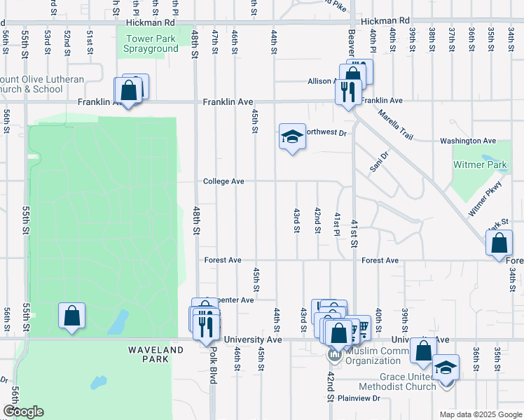map of restaurants, bars, coffee shops, grocery stores, and more near 1534 44th Street in Des Moines