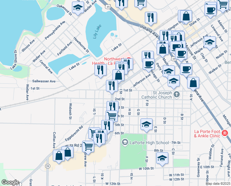 map of restaurants, bars, coffee shops, grocery stores, and more near 1700 Lincolnway in La Porte