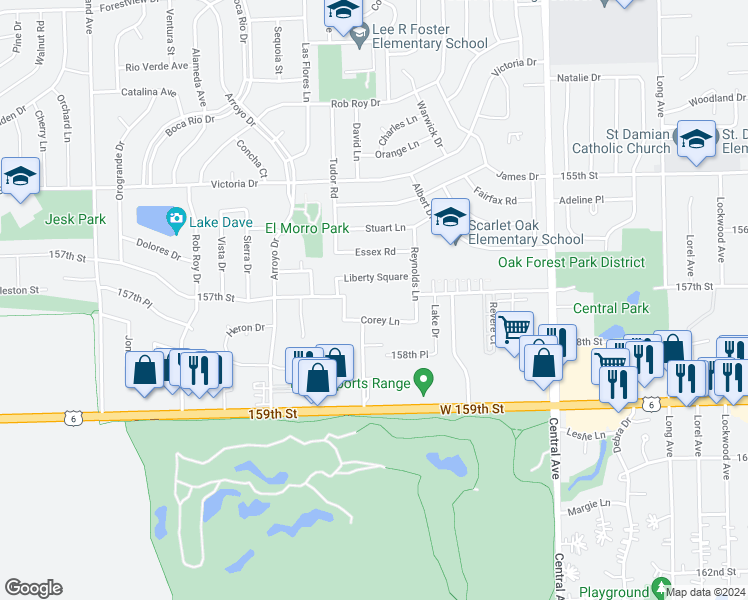 map of restaurants, bars, coffee shops, grocery stores, and more near 5914 Corey Lane in Oak Forest