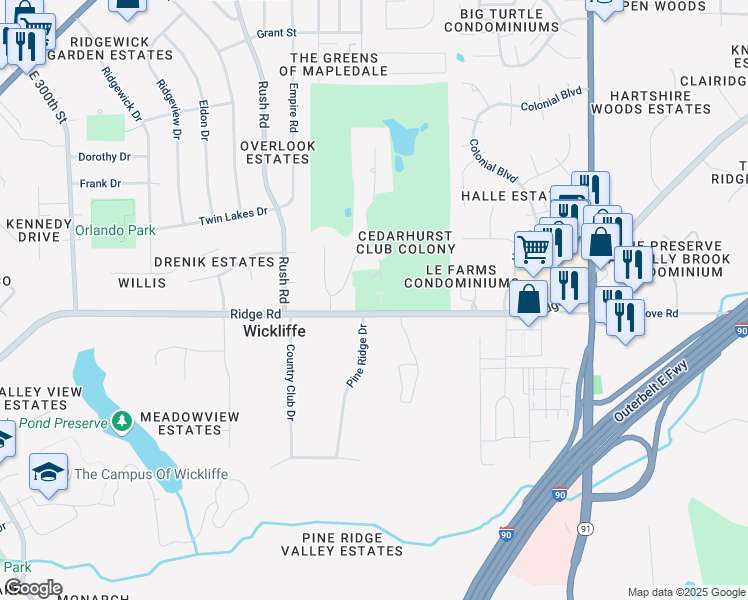 map of restaurants, bars, coffee shops, grocery stores, and more near 30605 Ridge Road in Wickliffe