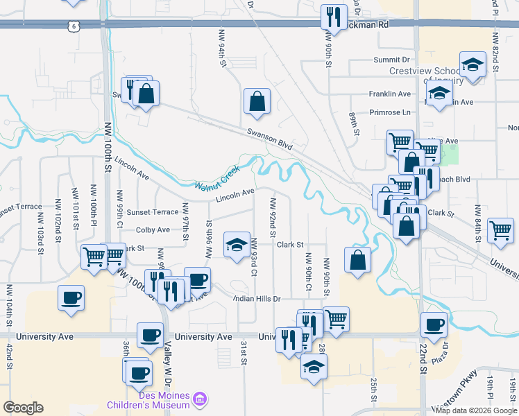 map of restaurants, bars, coffee shops, grocery stores, and more near 1700 Northwest 92nd Street in Clive