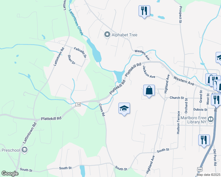 map of restaurants, bars, coffee shops, grocery stores, and more near 44 Plattekill Road in Marlboro