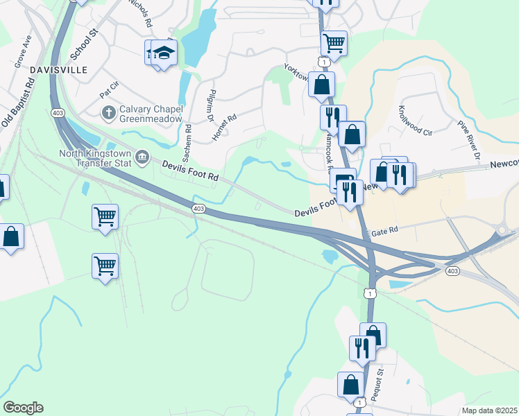 map of restaurants, bars, coffee shops, grocery stores, and more near 12 Sutton Lane in North Kingstown