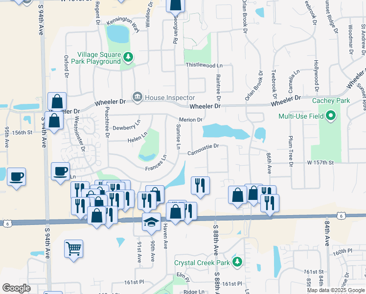 map of restaurants, bars, coffee shops, grocery stores, and more near 15580 Kemper Drive in Orland Park