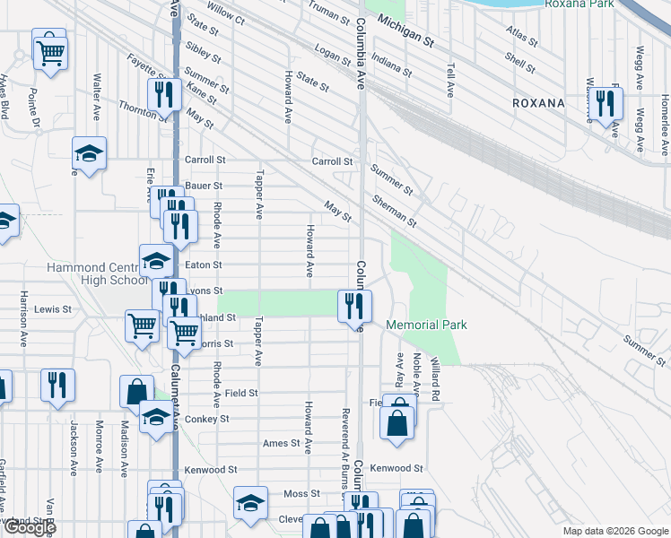 map of restaurants, bars, coffee shops, grocery stores, and more near 1131 Eaton Street in Hammond
