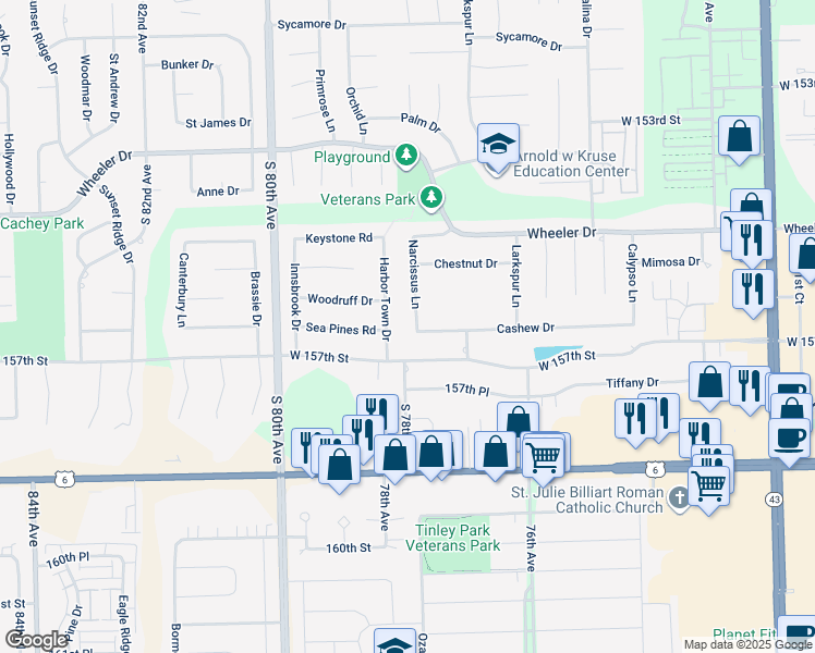 map of restaurants, bars, coffee shops, grocery stores, and more near 15650 Narcissus Lane in Orland Park