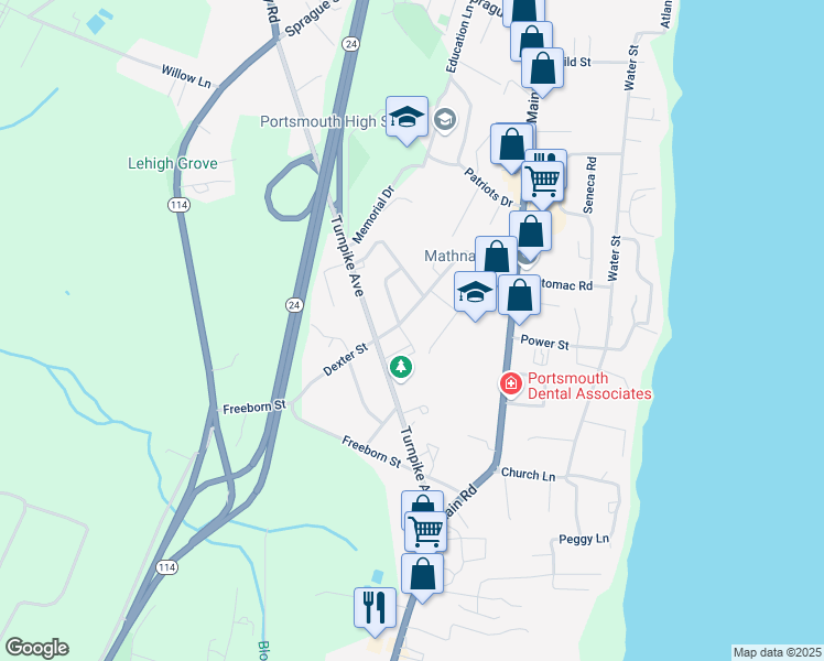 map of restaurants, bars, coffee shops, grocery stores, and more near 161 Dexter Street in Portsmouth