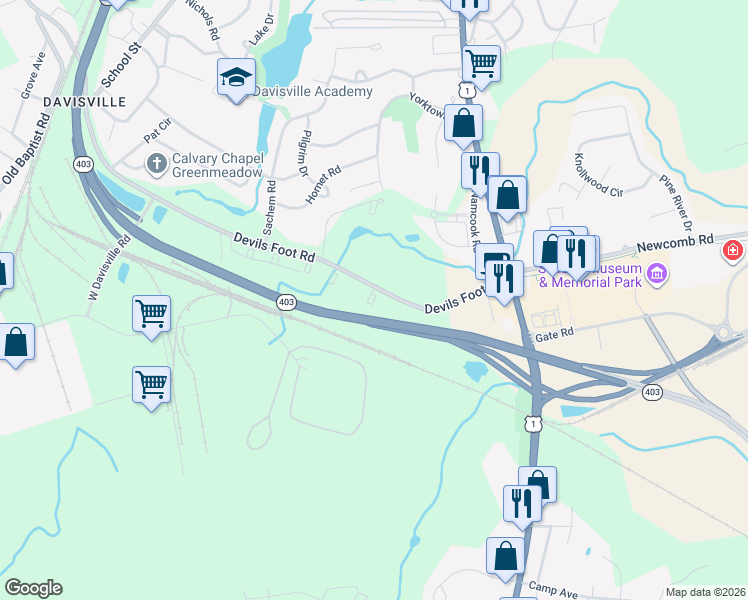 map of restaurants, bars, coffee shops, grocery stores, and more near 11 Sutton Lane in North Kingstown