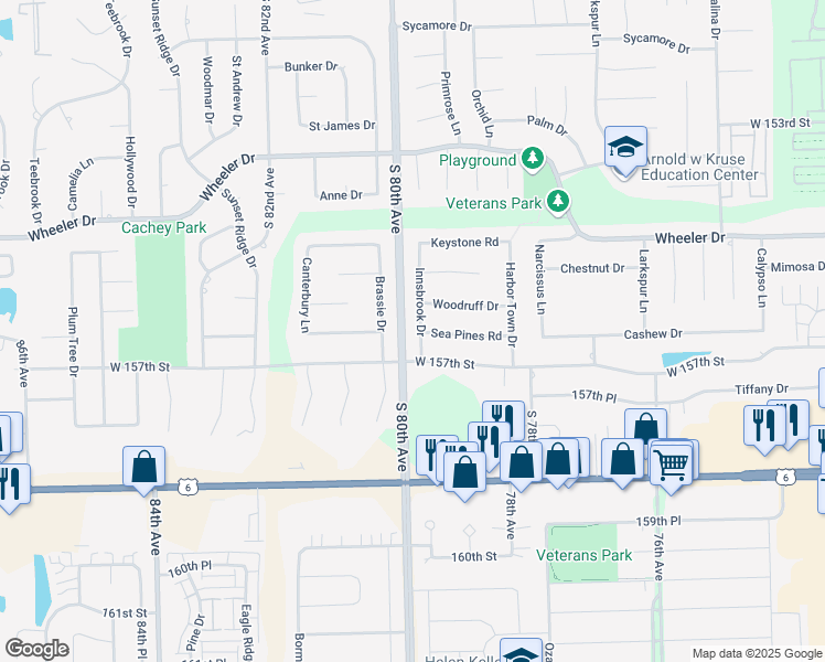 map of restaurants, bars, coffee shops, grocery stores, and more near 15618 Innsbrook Drive in Orland Park