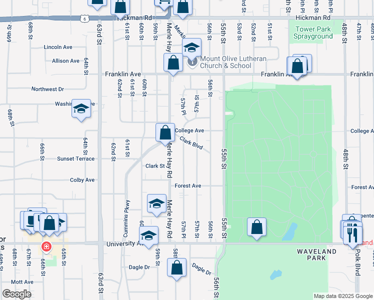 map of restaurants, bars, coffee shops, grocery stores, and more near 5707 Clark Boulevard in Des Moines