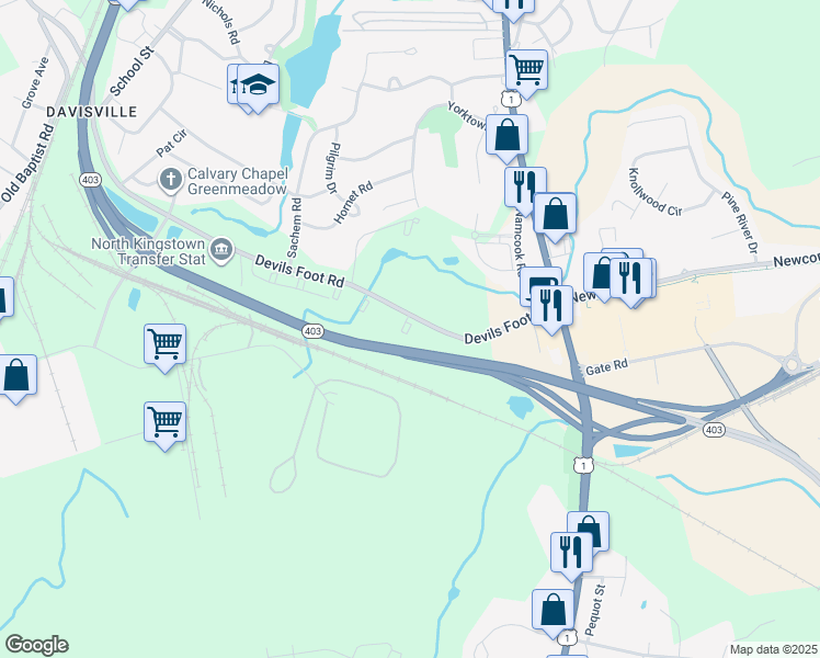 map of restaurants, bars, coffee shops, grocery stores, and more near 11 Sutton Lane in North Kingstown