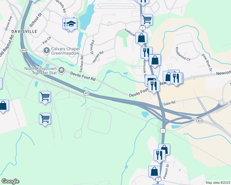 map of restaurants, bars, coffee shops, grocery stores, and more near 8 Sutton Lane in North Kingstown