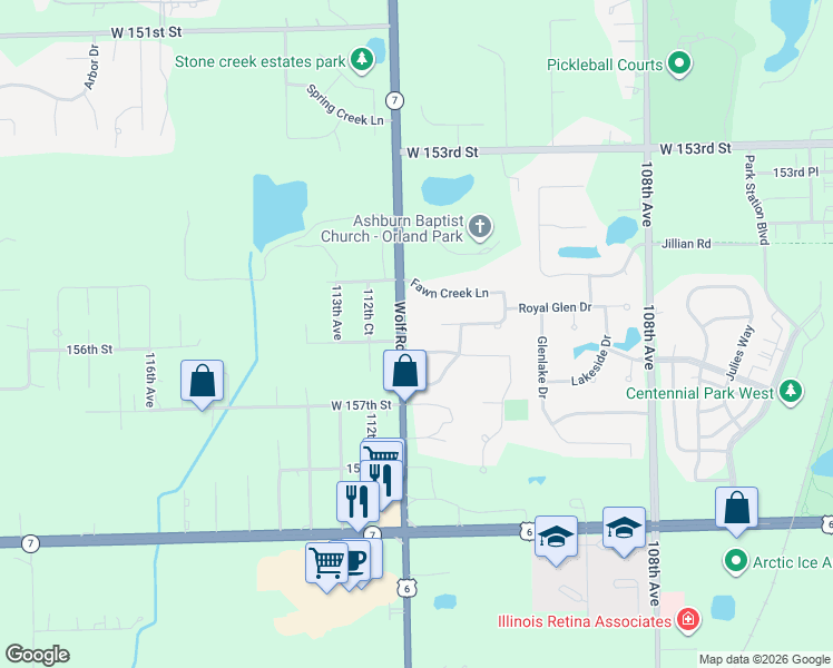 map of restaurants, bars, coffee shops, grocery stores, and more near 15535 Wolf Road in Orland Park
