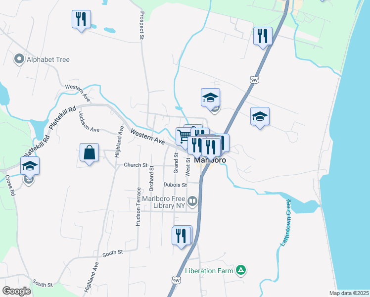 map of restaurants, bars, coffee shops, grocery stores, and more near 40 Western Avenue in Marlboro