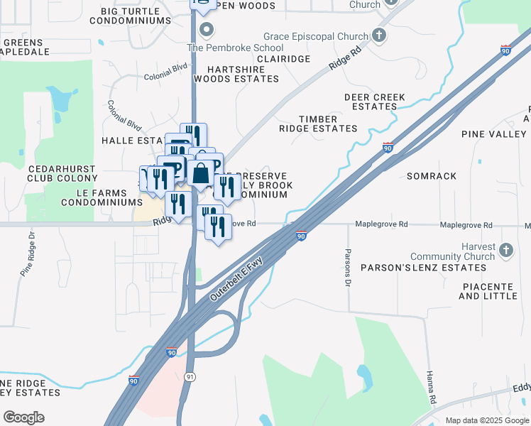 map of restaurants, bars, coffee shops, grocery stores, and more near 56 Gullybrook Lane in Willoughby Hills