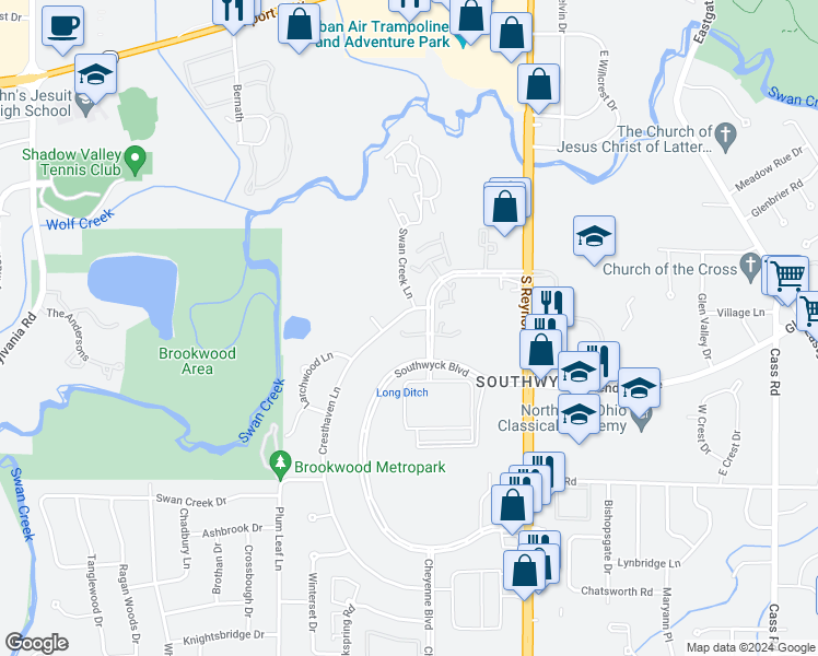 map of restaurants, bars, coffee shops, grocery stores, and more near 5904 Cresthaven Lane in Toledo