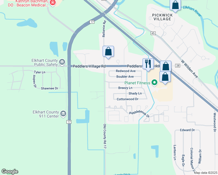 map of restaurants, bars, coffee shops, grocery stores, and more near 61108 Old County Road 17 in Goshen