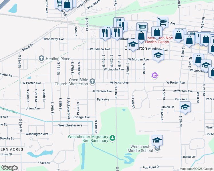 map of restaurants, bars, coffee shops, grocery stores, and more near 401 South 13th Street in Chesterton